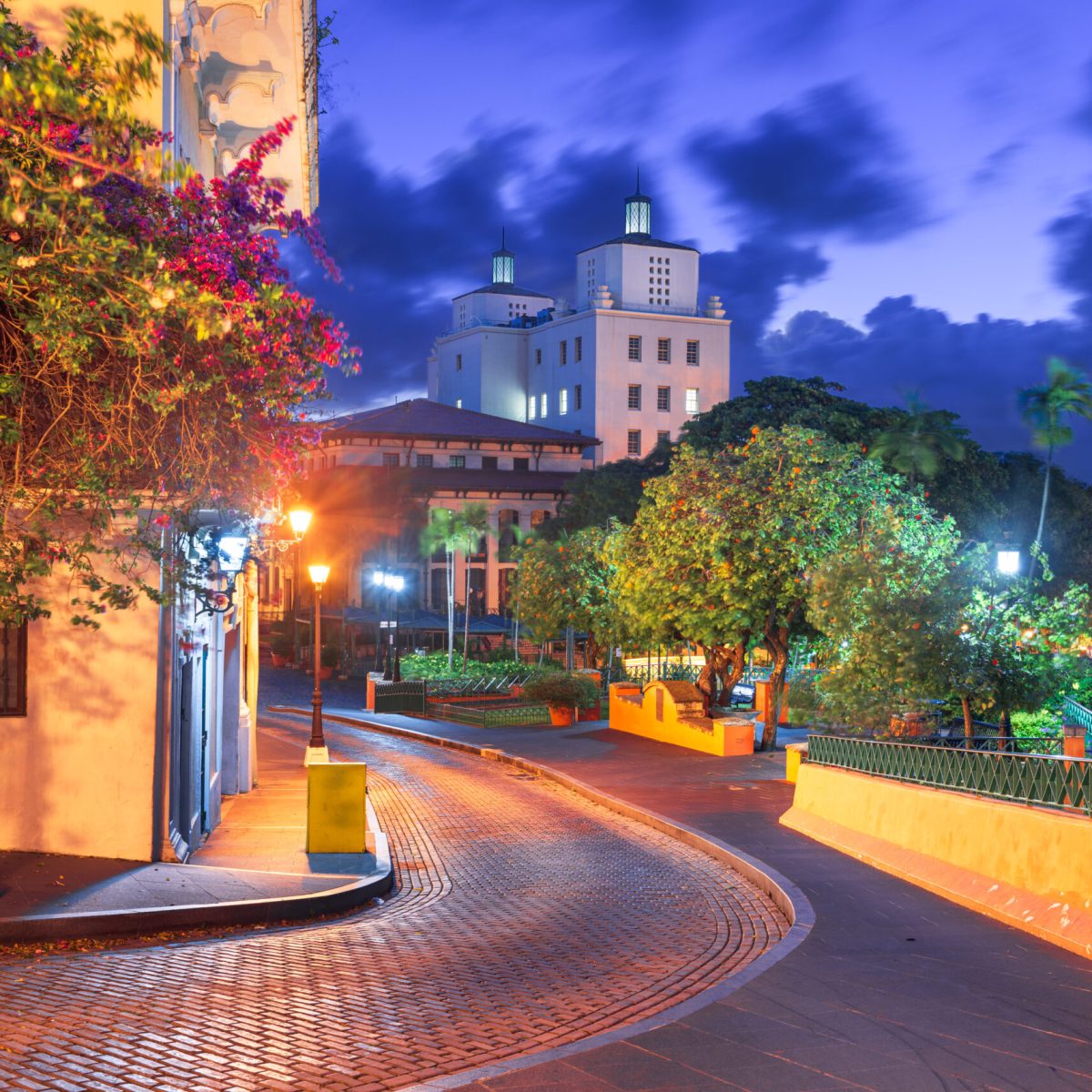 San Juan, Puerto Rico streets and cityscape at night.